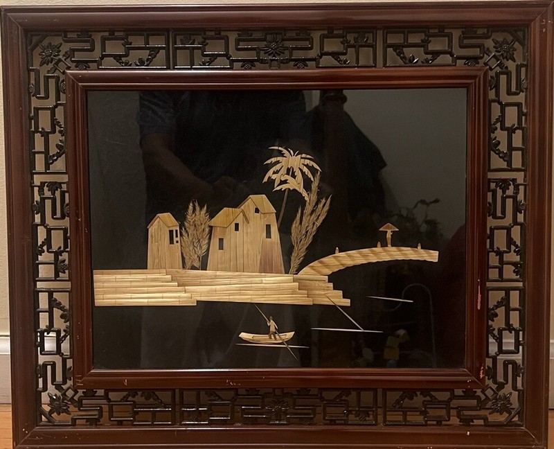 Vintage Rice Straw Framed Artwork 22” X 18”