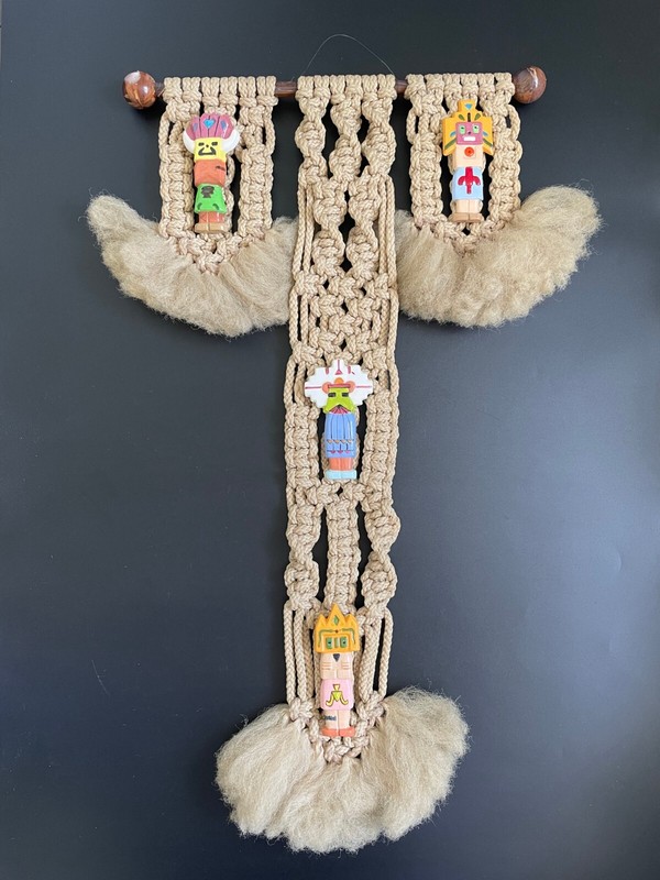 Vintage Southwest Boho 26″ Macrame Wall Hanging Art w/ Ceramic Kachina Dolls