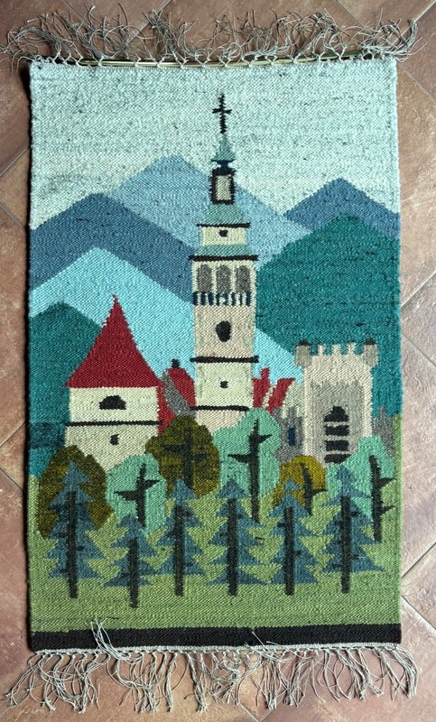 Vintage Cepelia Polish Wool Kilim Tapestry Wall Hanging – Village & Forest 25×44