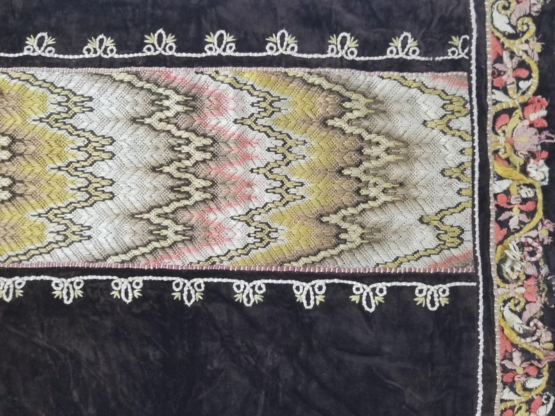 Antique Rare Italian Flame Stitch Velvet Textile Runner 122x22in gallery