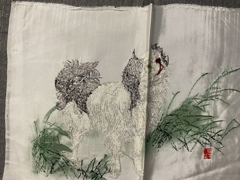 Satin floss on silk hand embroidered Asian Dog Finished Piece gallery