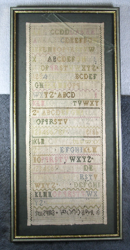 Lovely Antique Framed Needlework Cross Stitch ABC Alphabet Linen Sampler 1860