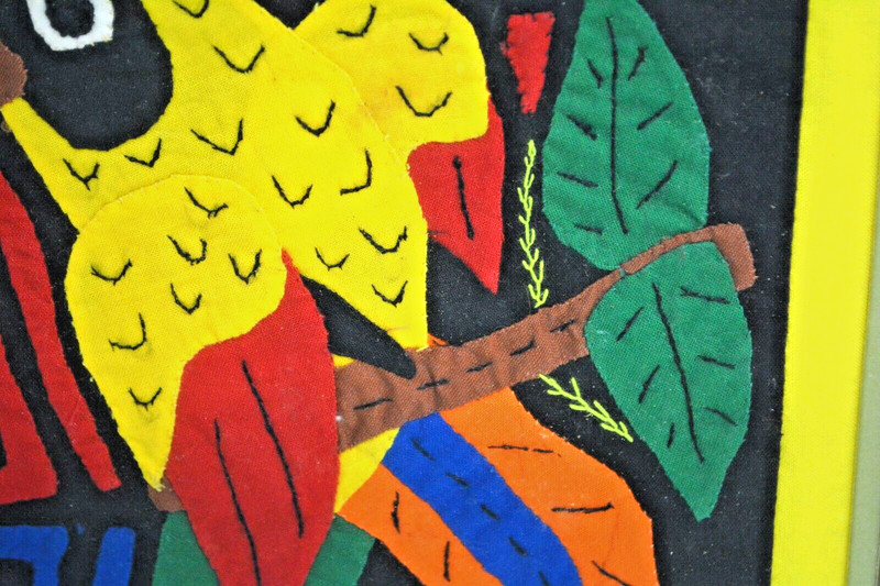 Framed Kuna Mola Textile Panel of Parrot Vivid Colors South America 12" x 15" gallery