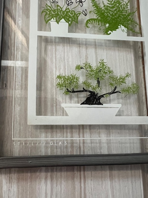 Decorative Art wall hanging framed glass panel w/ potted plants cats & mice 8” gallery