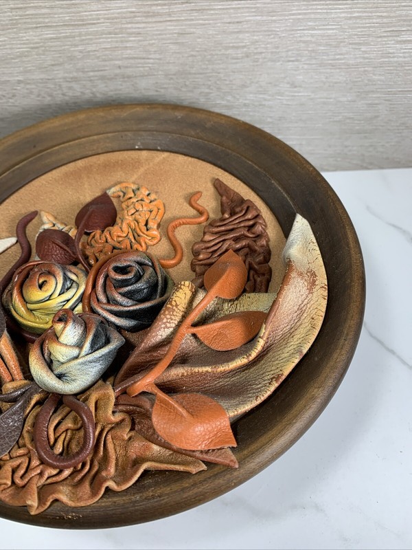 Tooled Leather Flowers Sculpture Art Wooden Wall Plate Vintage 9” Diameter gallery