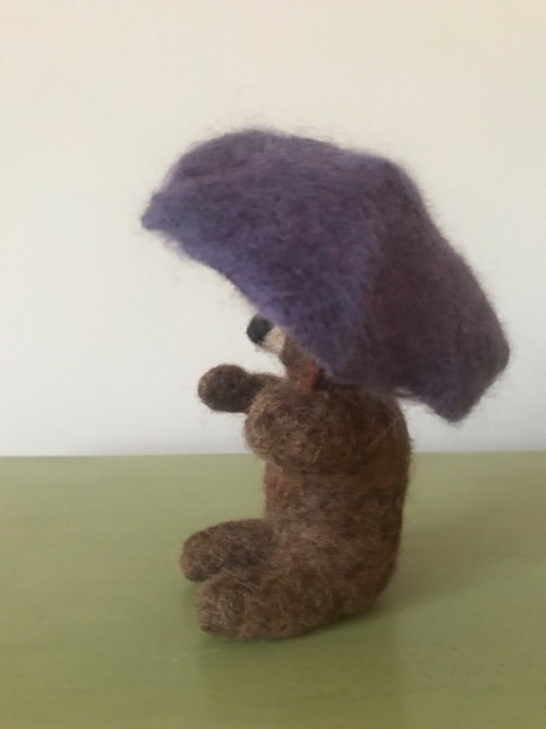 Needle Felted Brown Bear with Umbrella Sculpture - Handmade OOAK - 14cm tall gallery