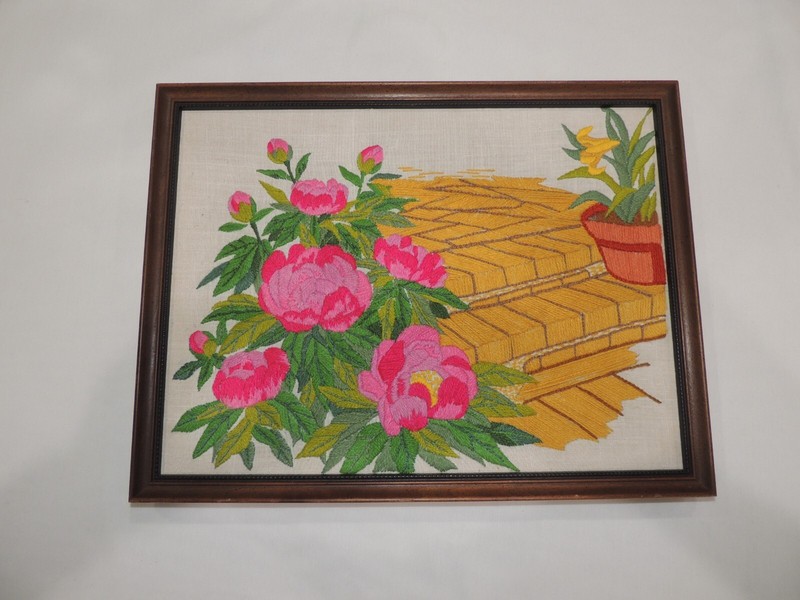 Vintage French? Embroidery Landscape Wall Art Flower Framed 17"X 13" gallery