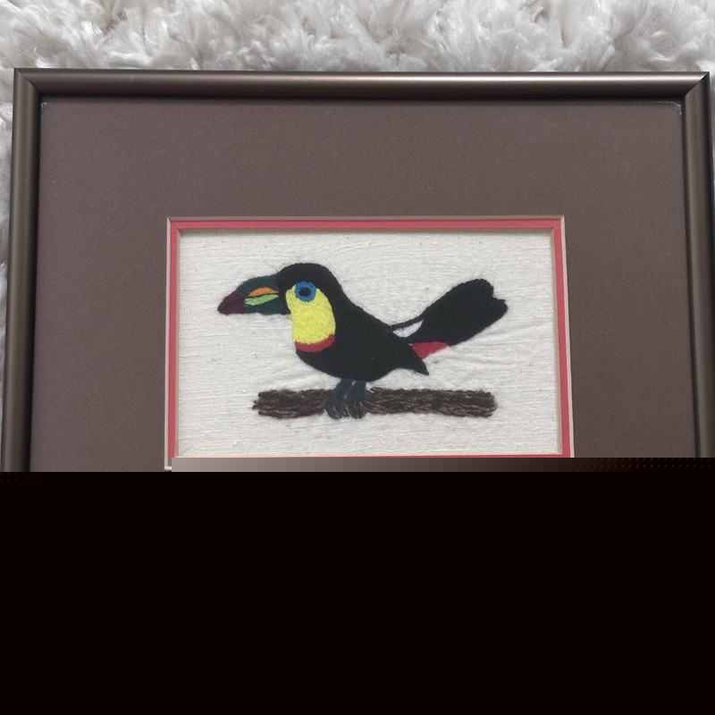 Vtg Handmade Embroidered Folk Art Keel Billed Toucan Framed Costa Rica Original