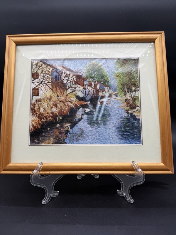 VTG Textile Framed Art On Wood Board Thread Painting French Knots Threads Fabric