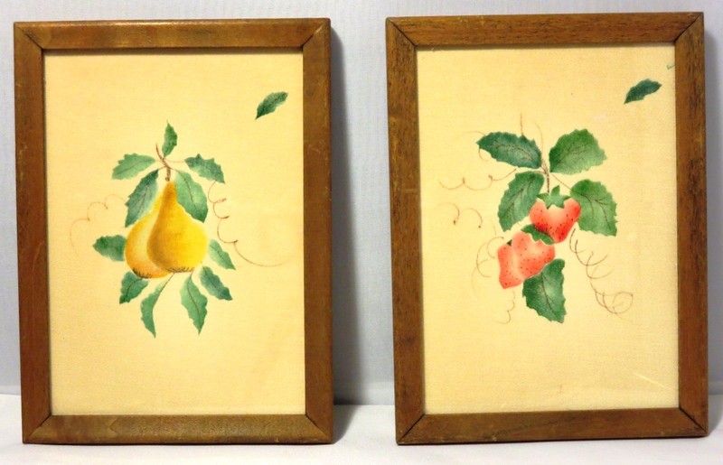 Velour Folk Art Wall Hangings 2 Painted Pr Framed Originals Hand Painted Fruit