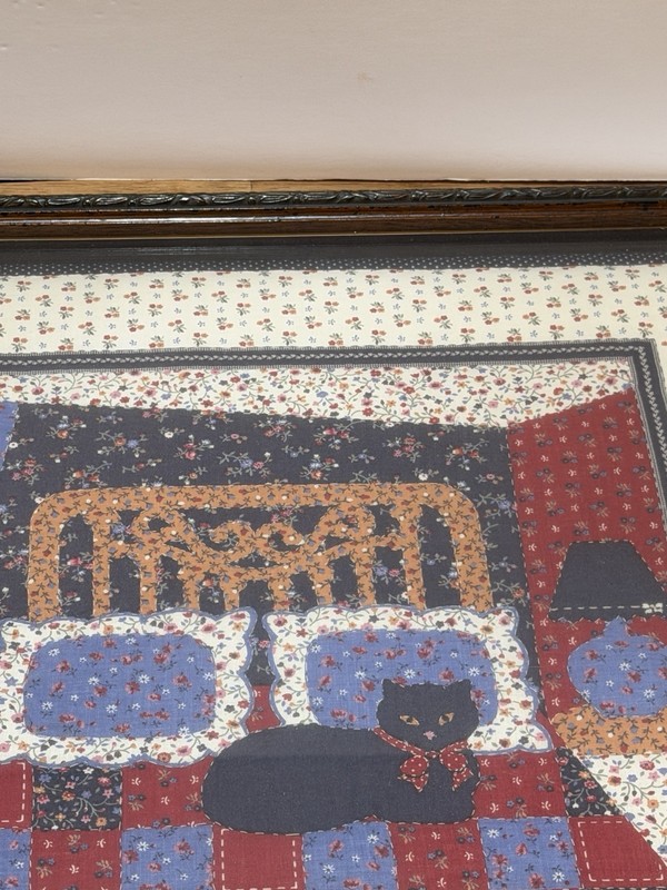 Framed Quilted Square Black Cat On Bed Kitschy Folk Art Cats Patchwork gallery
