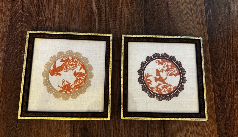 Set of 2 Framed Chinese paper-cut art – Birds & Flowers Nature Floral, vintage