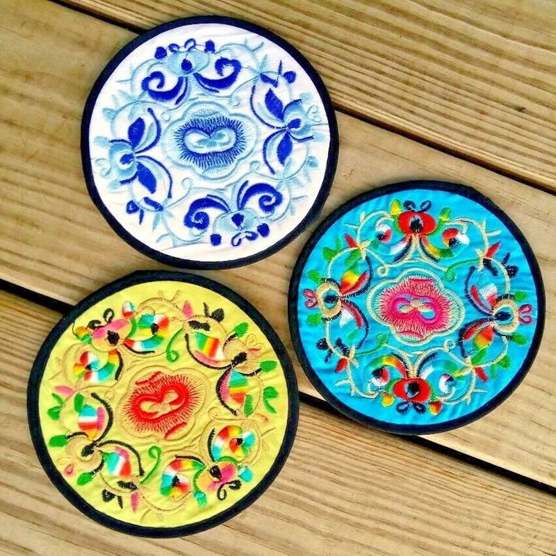 Embroidered Coasters Patches Sturdy Textile Art Ethnic Floral Frameable Circles gallery