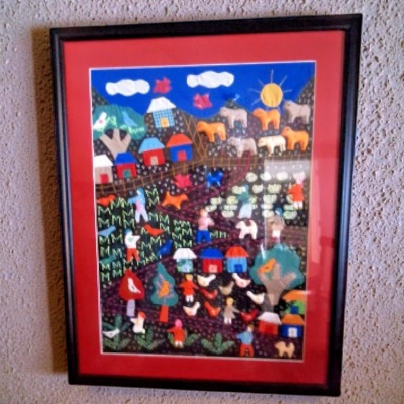 Peruvian Arpillera Applique Tapestry Art 26″ x 33″ Farm Framed Signed Folk Art