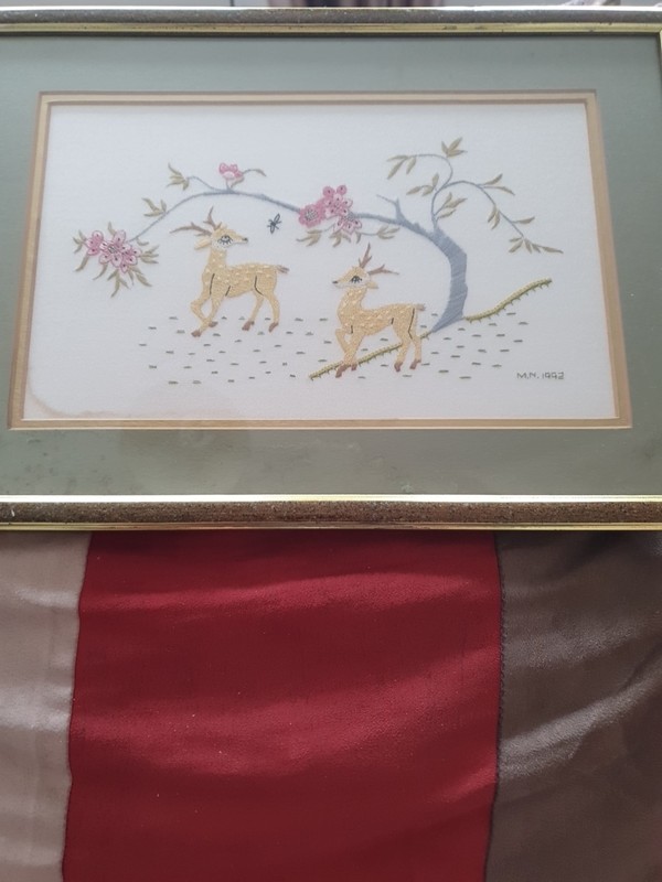 2 Reindeer Embroidery/textile Signed M.N 1992 Framed Free UK Postage 🇬🇧