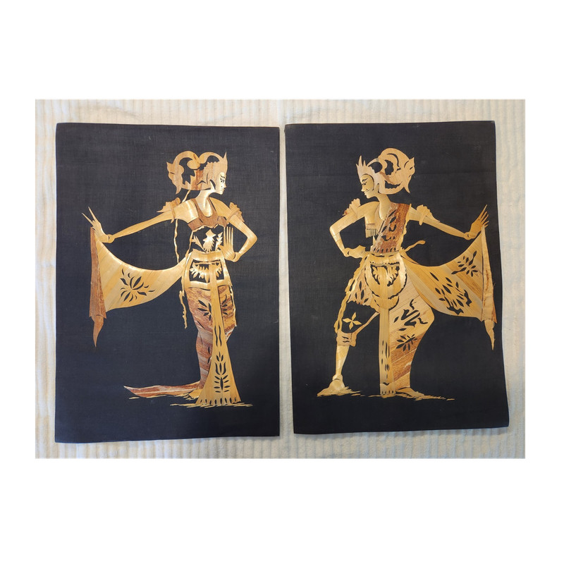Vintage (1960's era) handmade Balinese straw/bamboo Marquetry dancer panels