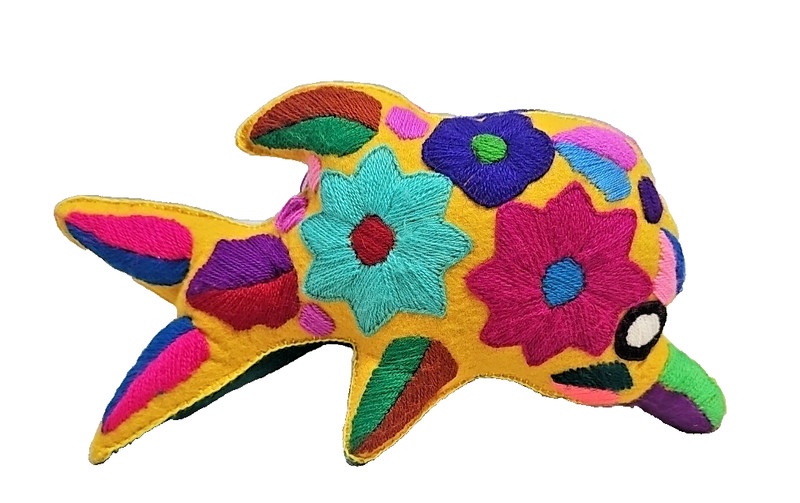 Handmade Embroidered Felt Dolphin Plush Stuffed Animal Colorful Mexican Folk Art