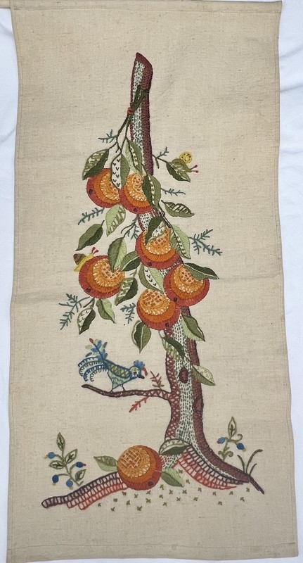 VTG 1970s MCM Crewel Embroidery Peach Tree Bird Wall Art Hanging.
