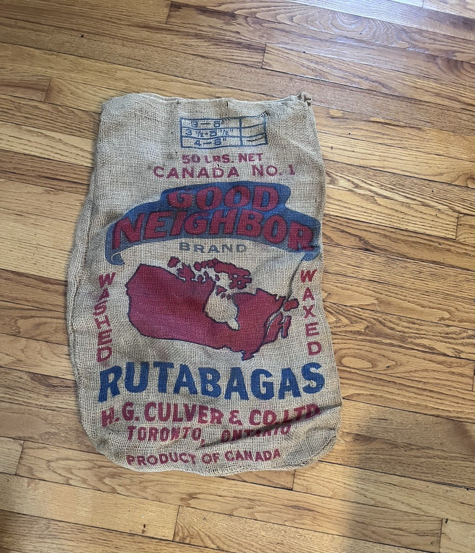 VINTAGE GOOD NEIGHBOR RUTABAGAS BURLAP BAG SACK CULVER TORONTO ONTARIO CANADA 50