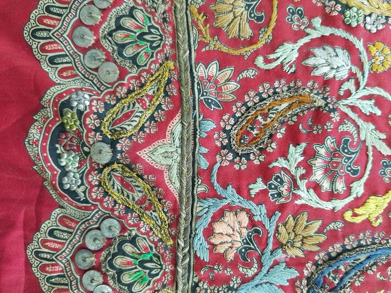 Vintage French Printed Paisley Hand Embroidered Panel 63x53cms gallery