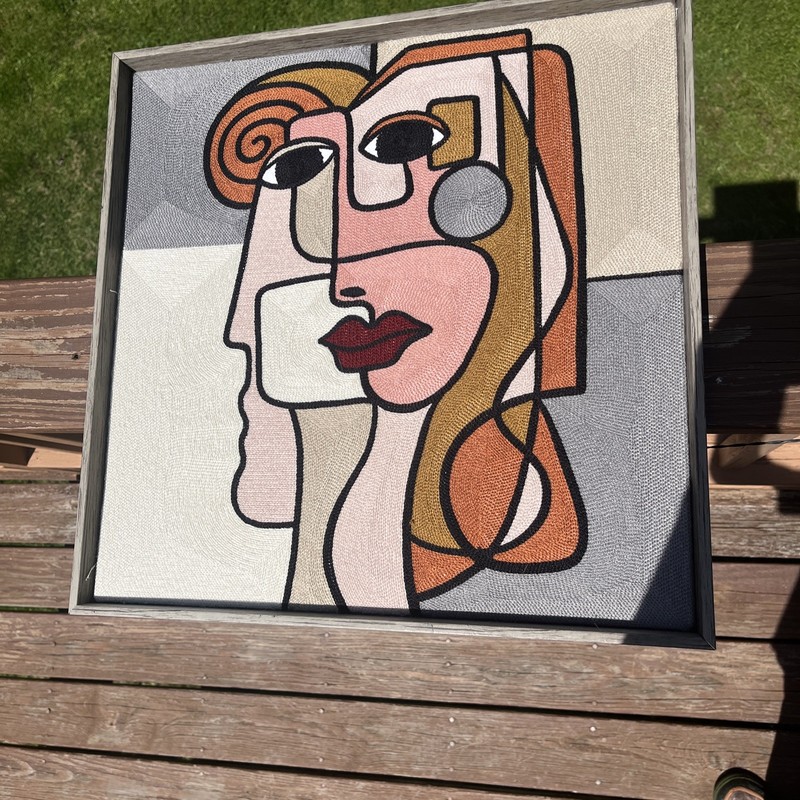 Abstract Embroidered Textile Wall Art Picasso Face Cubism Modern Colorful 17x17" gallery