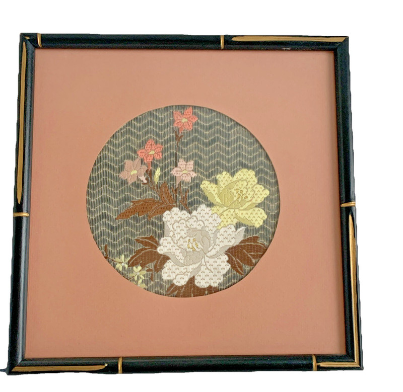 Vtg Asian Silk Brocade Framed Textile Art Faux Bamboo Frame Hollywood Regency
