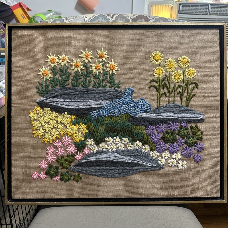 Mid Century Modern Beautiful Framed Folk Art Needle Point Floral Wall Hanging