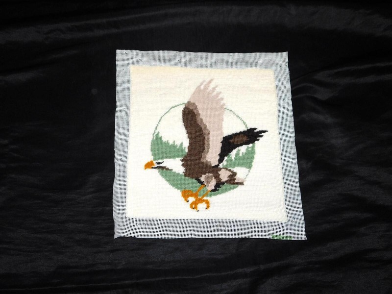 Vtg Alaska Flying Bald Eagle Completed Needlepoint Picture Unframed