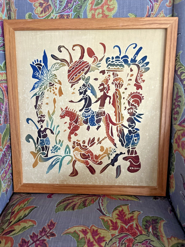 Vintage Batik Textile Stylized Figures Indonesian Art By Krishna Framed 18" X19" gallery
