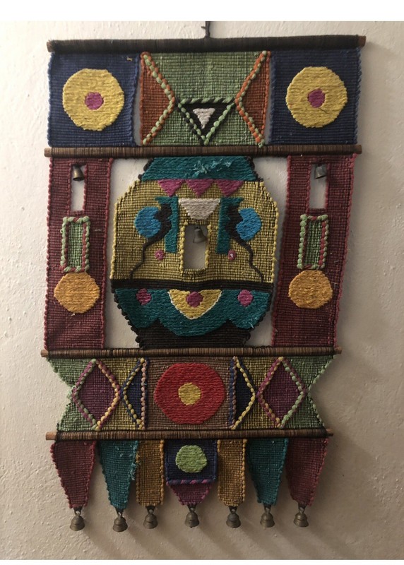 Vintage Mid Century Tribal Folk Art – Woven Wall Hanging – Bronze Bells