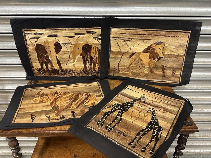 Set of 4 Vintage African Banana Leaf Marquetry Inlay Pictures, African Animals gallery