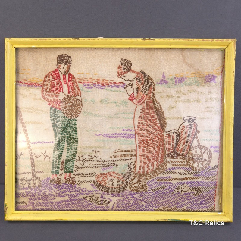 Vintage Hand Embroidered Folk Art Framed Textile Scene Man & Woman Rural Country