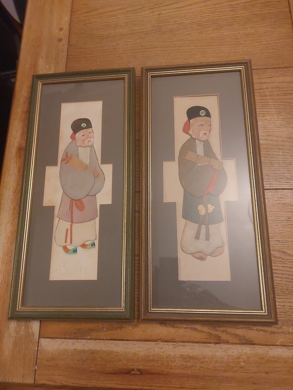 2 Vintage Framed Mounted Chinese Silk Man Costumes Confucius? Trapunto Applique*