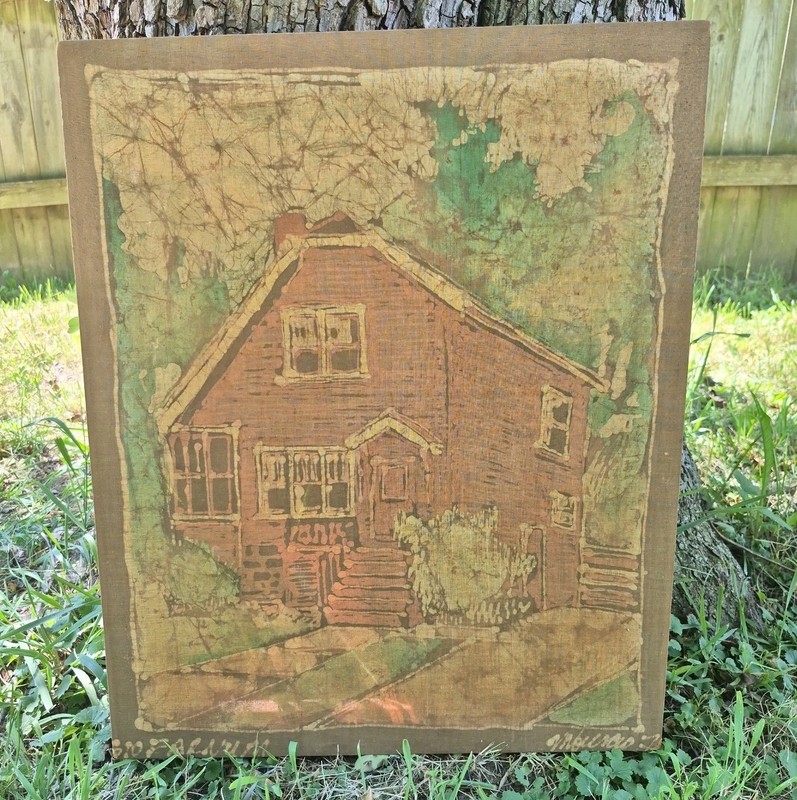 Vintage 1978 Artisan Batik Textile Folk Art Signed Fiber Wall Hanging Farmhouse