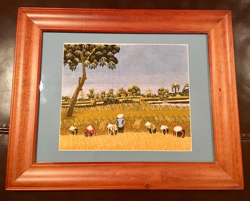 Framed Beautiful Hand Embroidery Japanese Farmers In Rice Field Art Picture