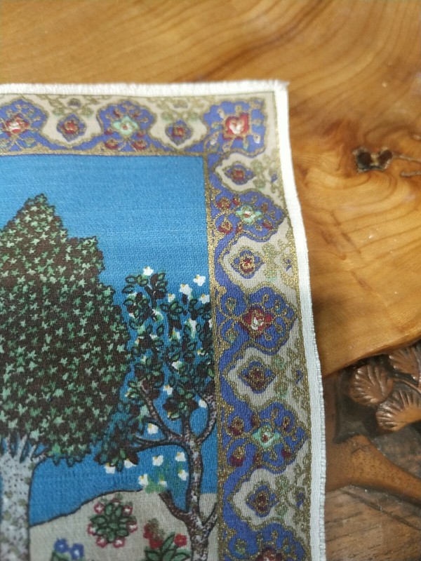 Printed textile cloth. Scene of royalty in India. Hindi gallery