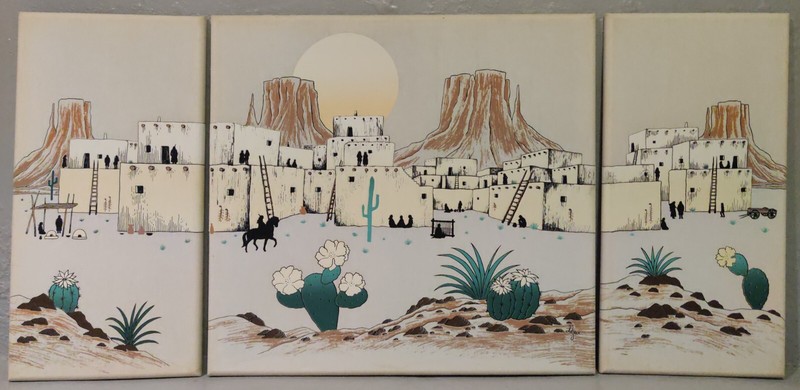 Vintage Desert Scene Triptych Fabric Wall Art Hanging Screenprint by Dejean 90s
