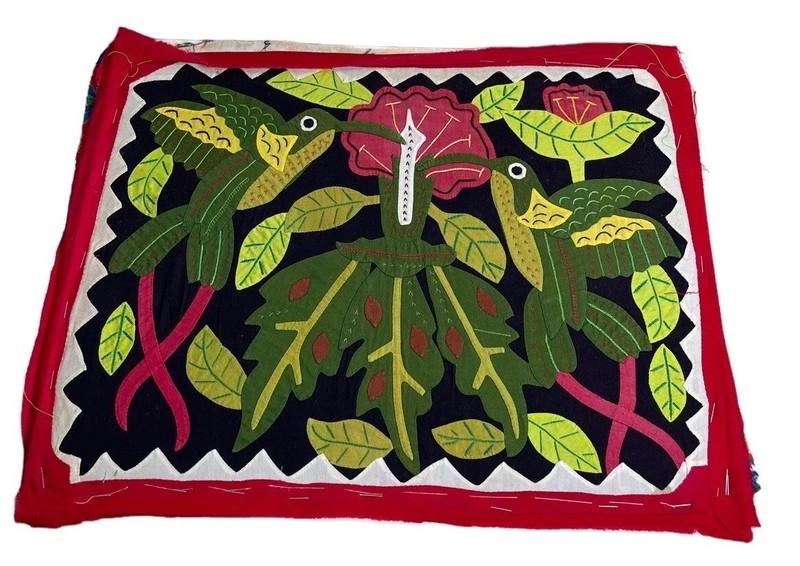 Vintage Mola 1970s Native Folk Art Design Panama Hummingbird Design