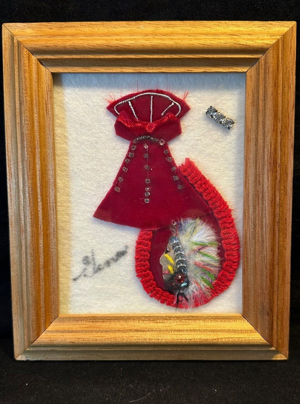 Vintage Cut Cloth Native American Collage Art 6.5 x5.5 in. Framed Signed Gina