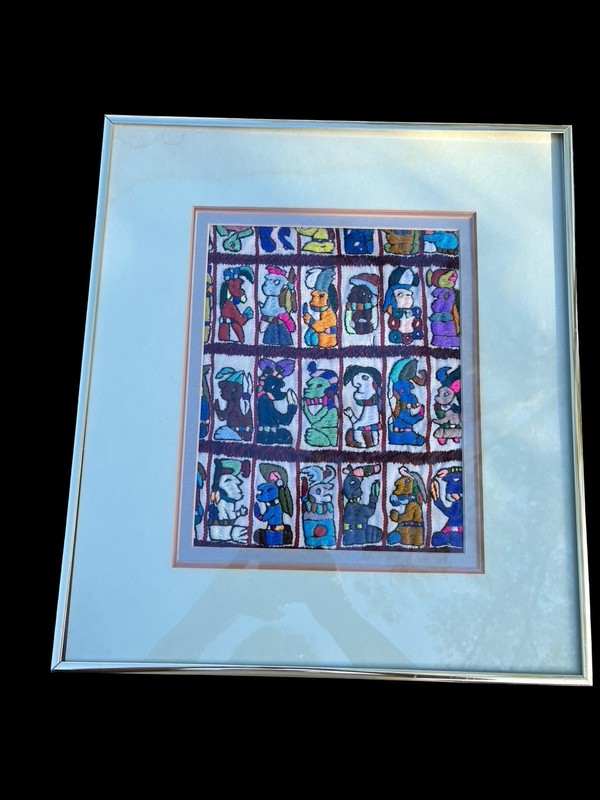 Vtg Guatemalan Mayan Hand Embroidered Crewel Fabric Folk Art Framed 14.25x16.25” gallery