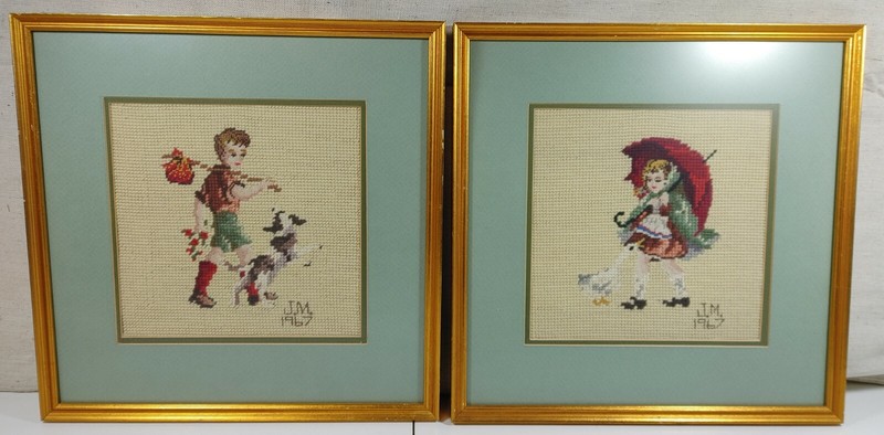 Needlepoint Set 2 Boy Play with Dog Girl Walk with Umbrella Wall Hanging Frame