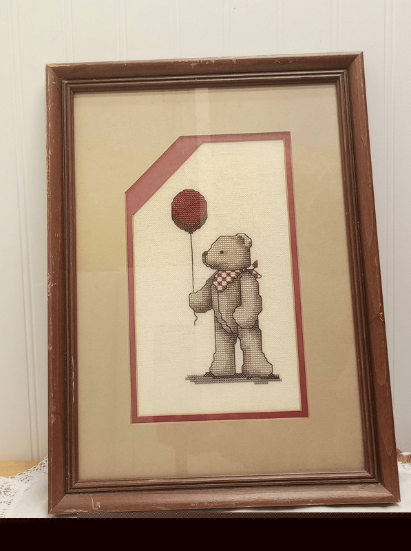 Vintage cross stitch, bear, balloons, framed
