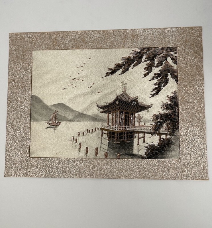 Vintage Japanese Silk Embroidery Crewel Stitched Lake Tree House Framed 16x12” gallery