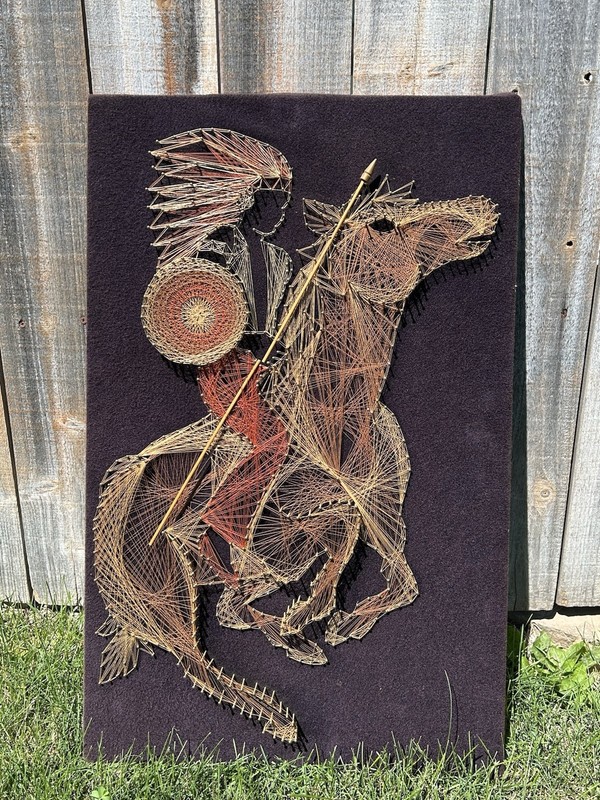 Vintage MCM Mid-Century String Art Folk Art Indian on Horse Western Cowboy