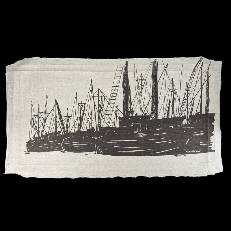 Vintage 1970s Ships Marushka Canvas Screen Print Wall Art 12 x 24 in Black Tan