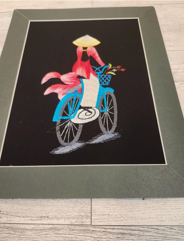 Asian Lady on Bicycle Silk Embroidery Textile Art Framed Floral Hat Gift Decor gallery