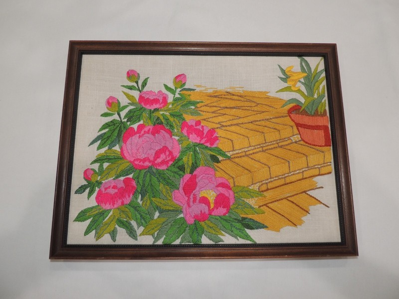 Vintage French? Embroidery Landscape Wall Art Flower Framed 17″X 13″