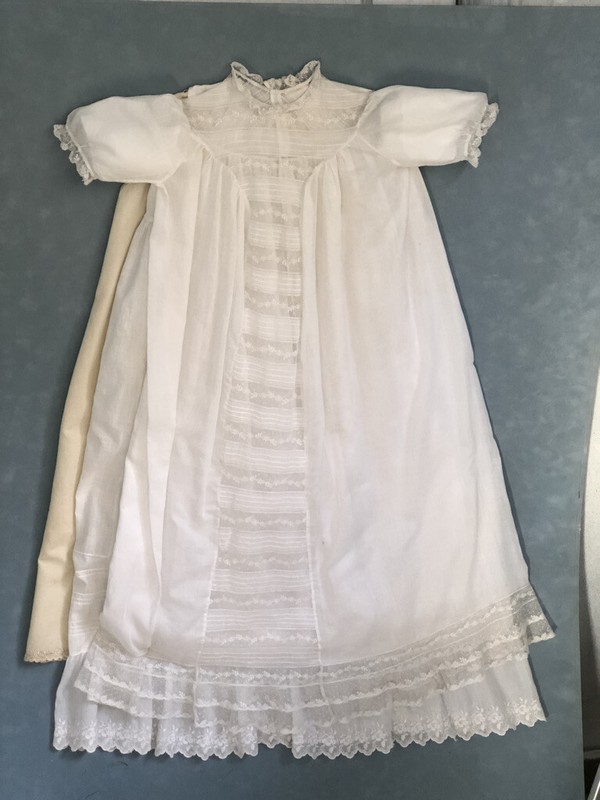 Antique Christening Dress 3 pieces handmade orig gold plated closure 100 yrs