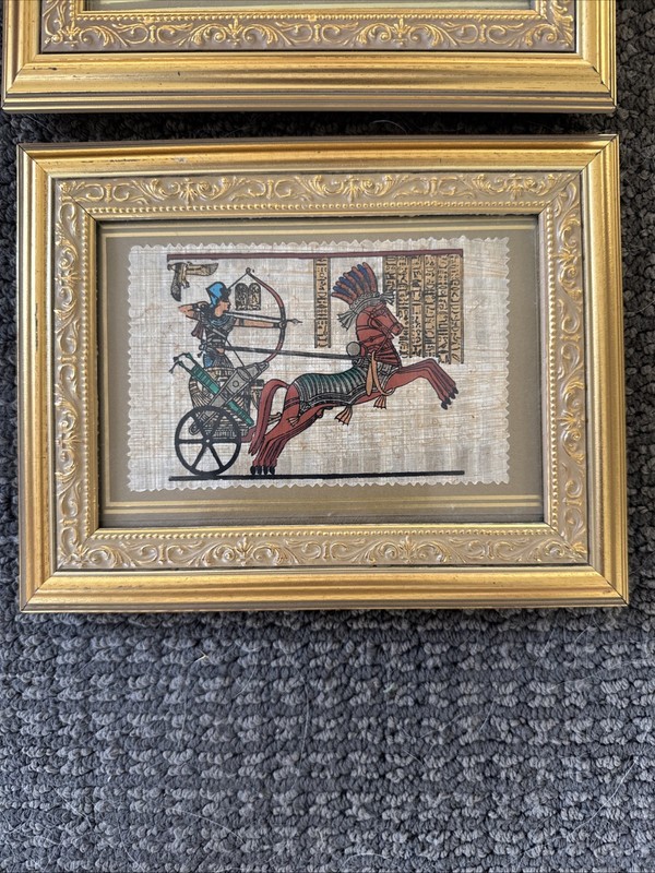Set Of 2 Egyptian Art Hand Painted Papyrus Paper Golden Chariot FRAMED 9”x7” gallery