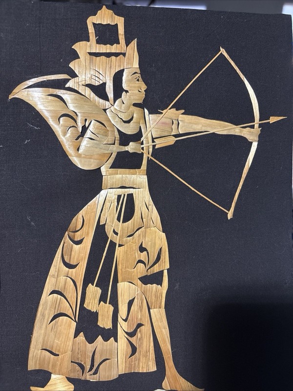 Vintage Bamboo Straw Art Archer Emperor Warrior 8 X 10 Inches gallery